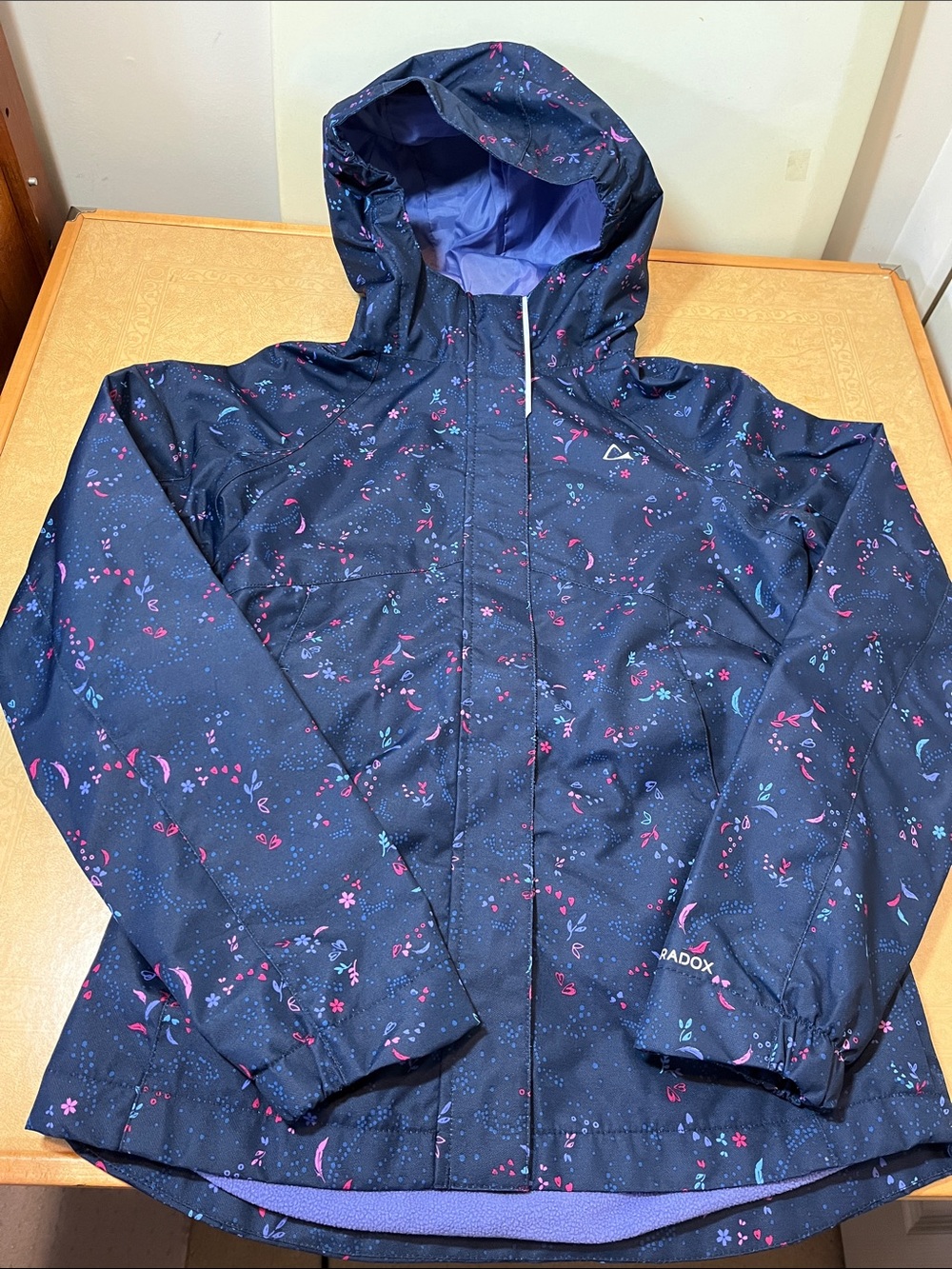 Paradox Navy Hooded Raincoat with Pink & Light Blue Floral Print, size XL -14/16